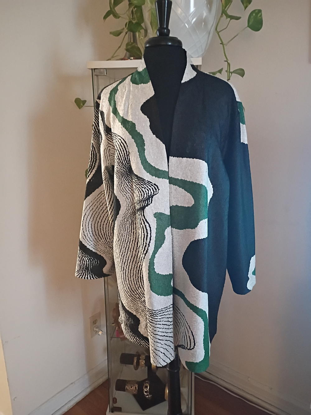 CHICOS Abstract Pattern Open-Front Women's Duster - Green, Black & White